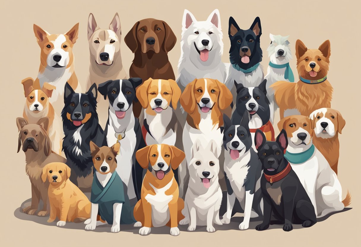 A group of diverse dogs from around the world, each with a unique name representing different cultures and languages