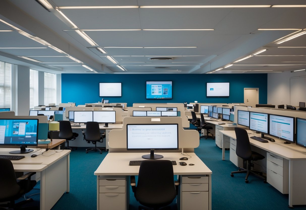 A modern, well-lit learning lab in Singapore with rows of computers, interactive whiteboards, and colorful educational materials