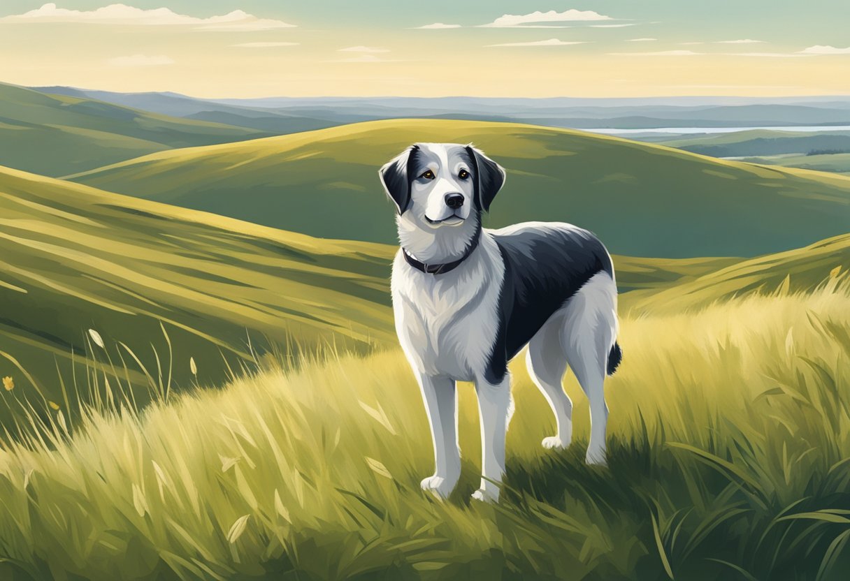 A dog standing on a grassy hill, gazing out at a vast and open landscape, with a sense of curiosity and adventure in its eyes