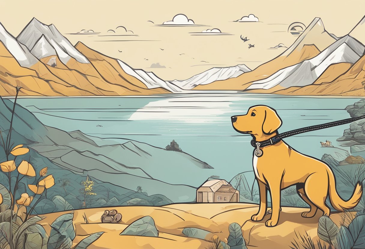 A dog with a leash in its mouth, looking longingly at a distant horizon, surrounded by images of travel destinations and adventure symbols