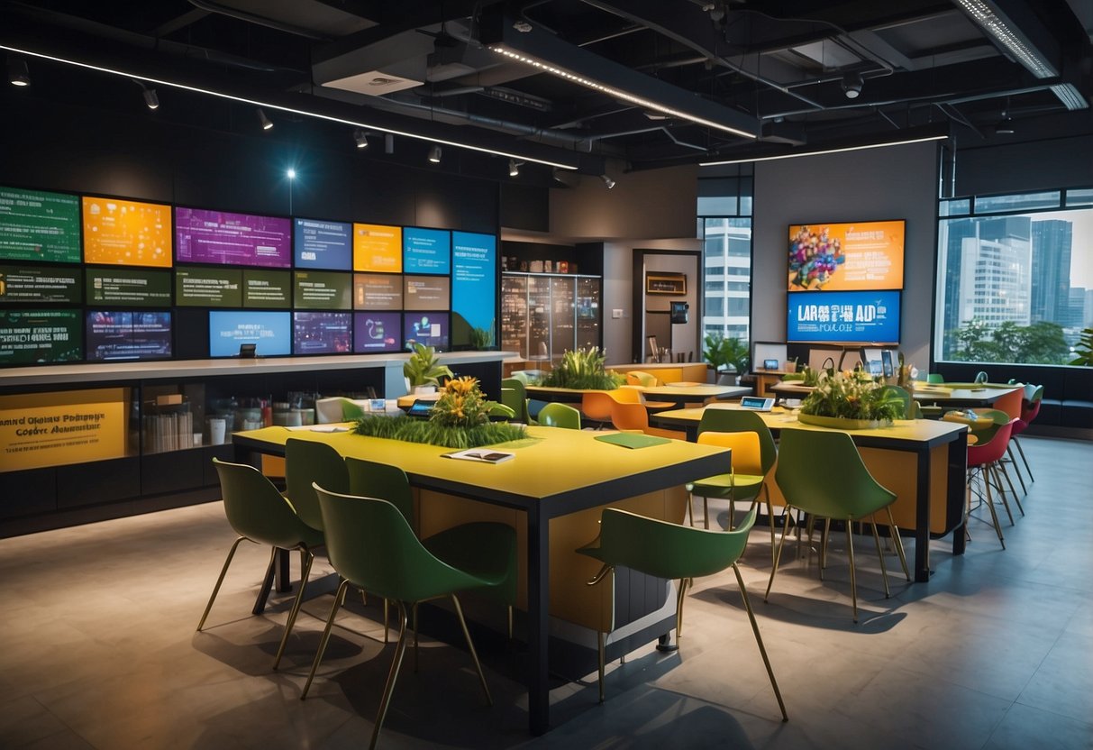 A vibrant learning lab in Singapore showcases diverse educational programs and curriculum, with interactive displays and engaging activities