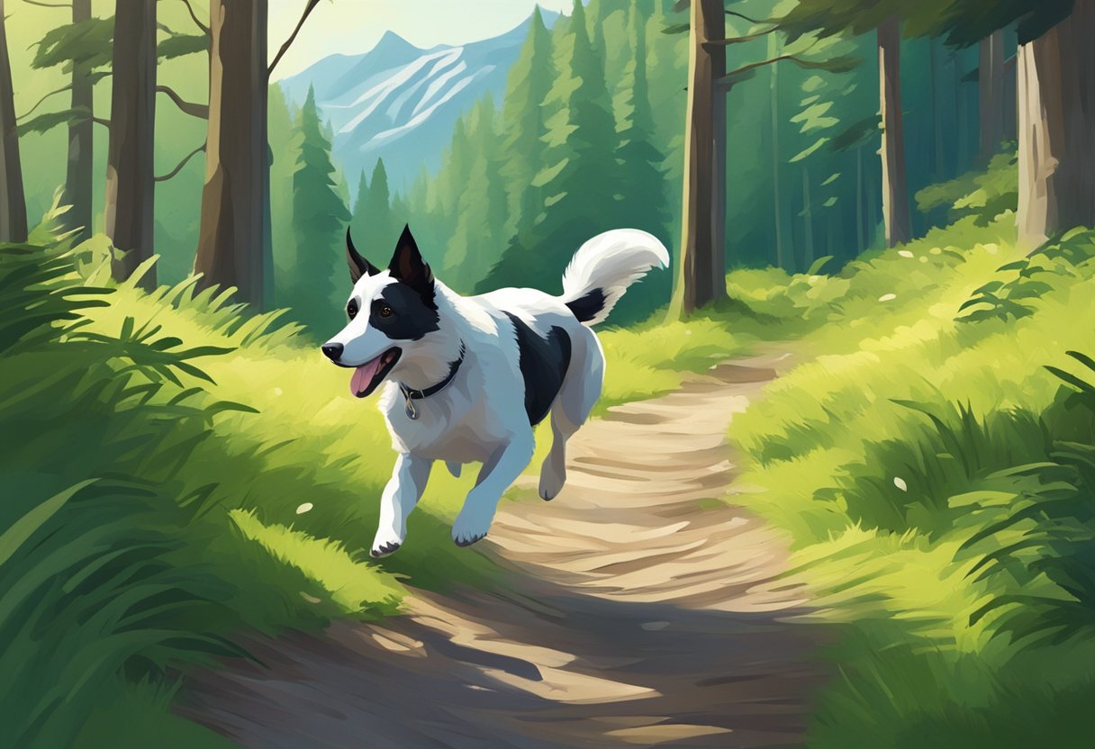A dog running through a lush green forest, with a backdrop of snow-capped mountains and a clear blue sky