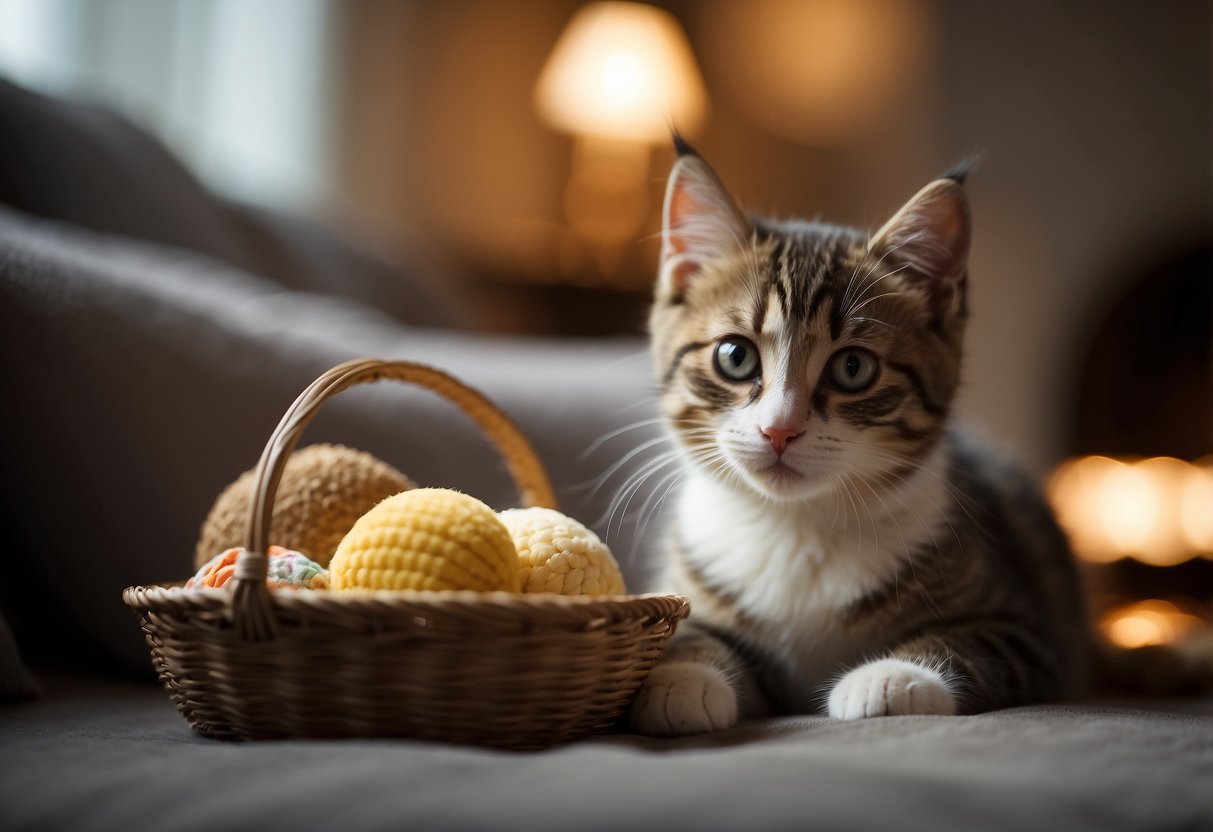 A cozy room with a soft blanket-lined basket. A playful kitten with bright eyes waits by a bowl of food and a toy
