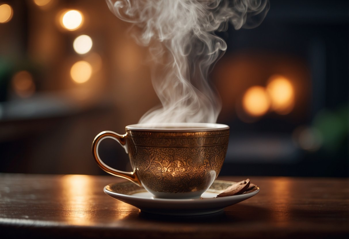 A steaming cup of chai tea with soothing steam rising from the surface, surrounded by a warm, cozy atmosphere