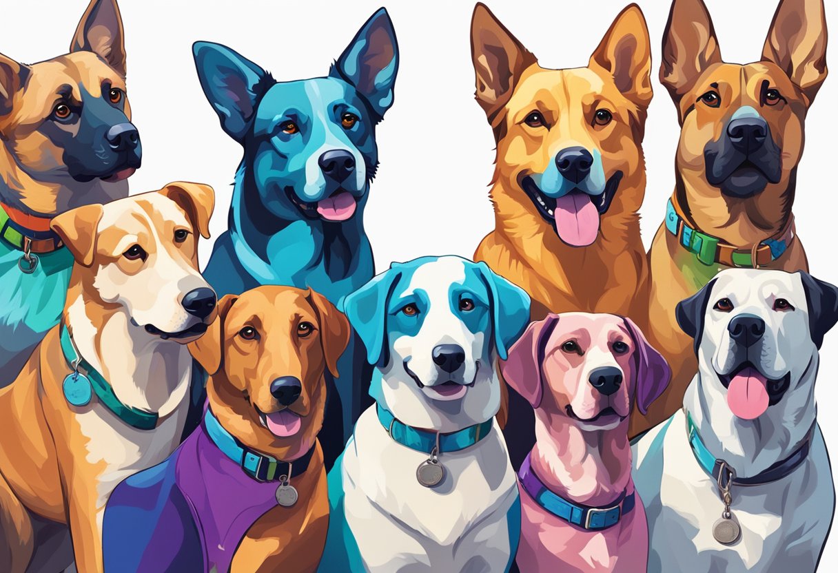 A group of vibrant dogs roam freely, each with a unique and colorful name tag hanging from their collars