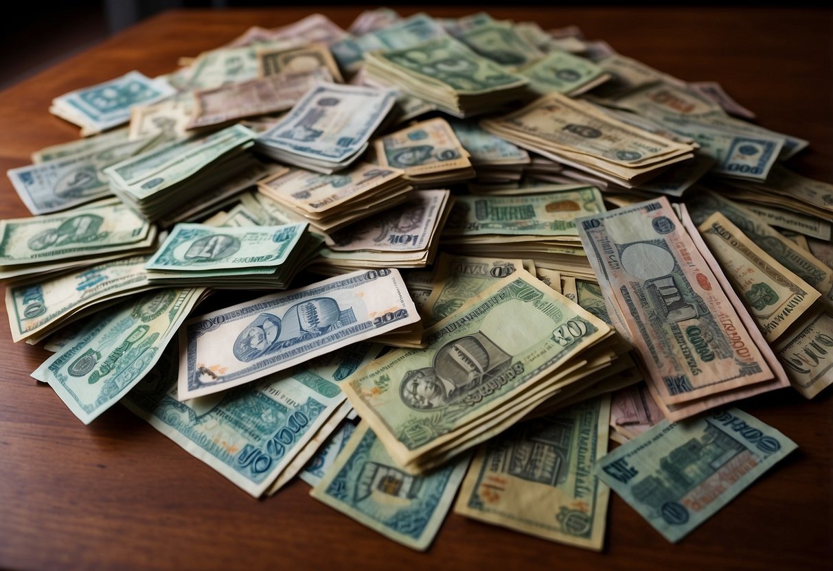 A pile of Singapore's old banknotes spread out on a wooden table, showing various denominations and intricate designs