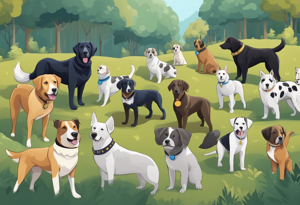 A group of male dogs with different breeds and sizes, each wearing a unique collar with a name tag, are wandering through a diverse landscape