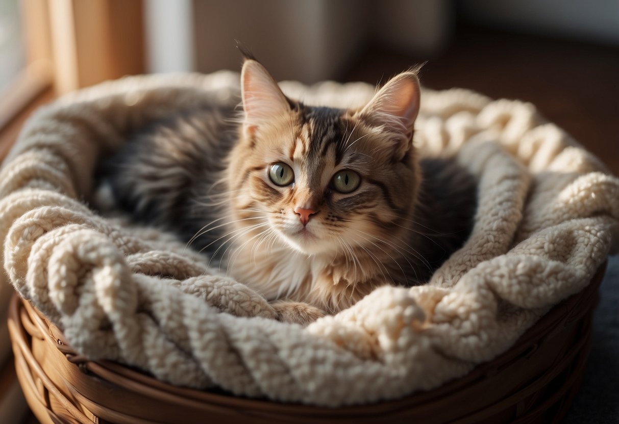 A cozy kitten bed with toys and food bowls, surrounded by soft blankets and a warm, welcoming atmosphere