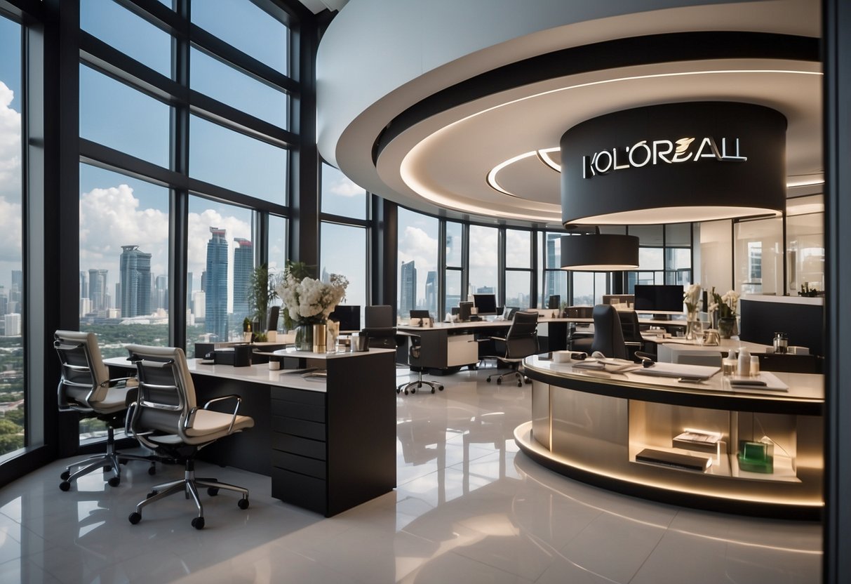 Loreal Singapore: A modern, sleek office with panoramic city views, branded products on display, and a diverse team collaborating in a bright, open space