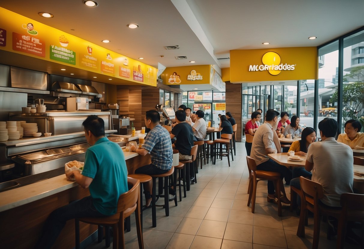 The bustling morning crowd at McGriddles Singapore, with colorful signage and aromatic breakfast delights on display