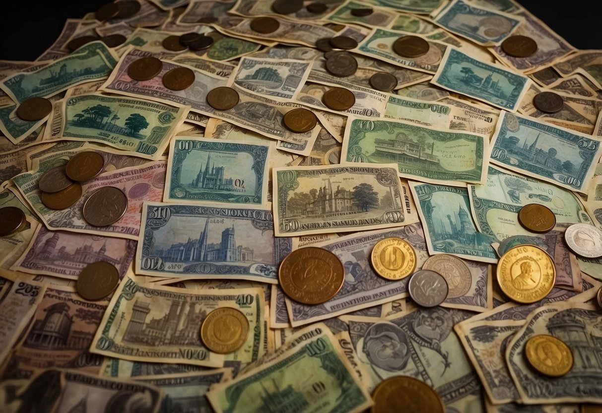 A timeline of Singapore currency from early colonial era to modern day, showcasing various old notes and coins