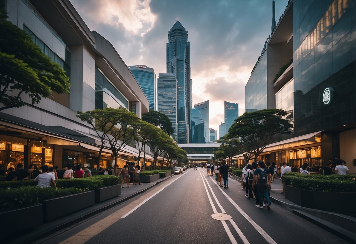 A bustling street in Singapore, with the iconic Moncler store front standing out amidst the vibrant cityscape