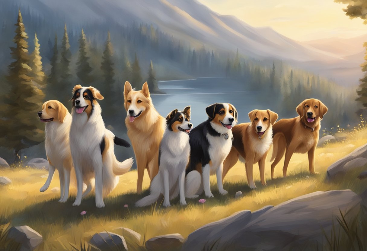 A group of female dogs, each with a unique name tag, roam freely in a picturesque outdoor setting, exuding a sense of adventure and curiosity