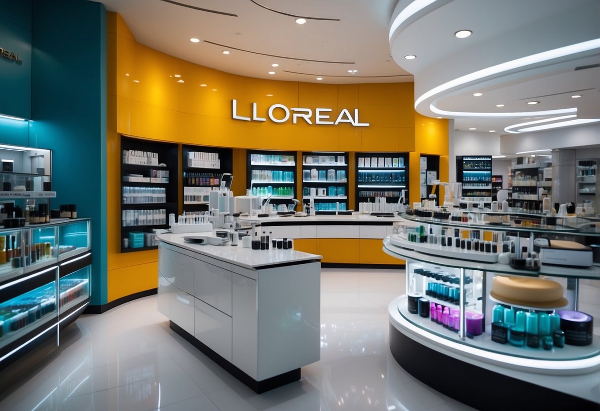 A sleek, modern laboratory with state-of-the-art equipment and vibrant, colorful product displays showcasing the latest beauty and innovation from L'Oreal Singapore