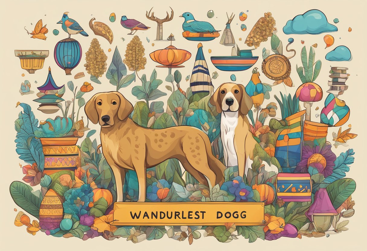 A colorful array of cultural symbols and traditional objects surround a sign reading "Wanderlust Dog Names."