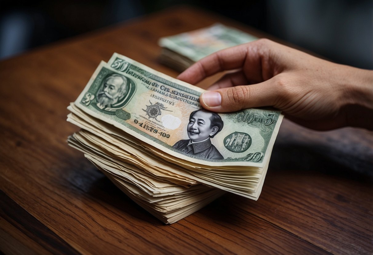 A hand reaches out to collect a stack of Singapore old notes from a wooden table