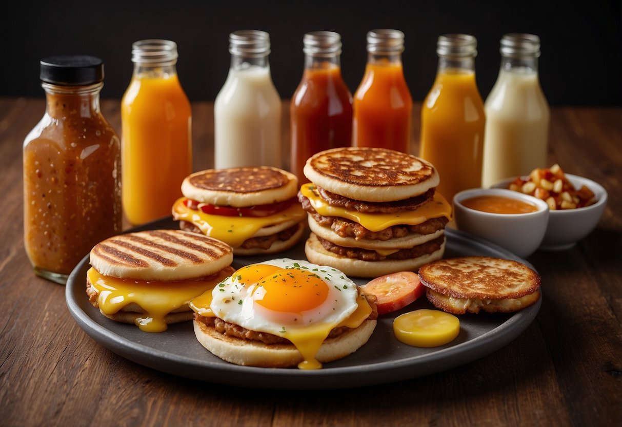 A table filled with various McGriddles varieties, from classic sausage and egg to new spicy chicken, surrounded by colorful packaging and condiments
