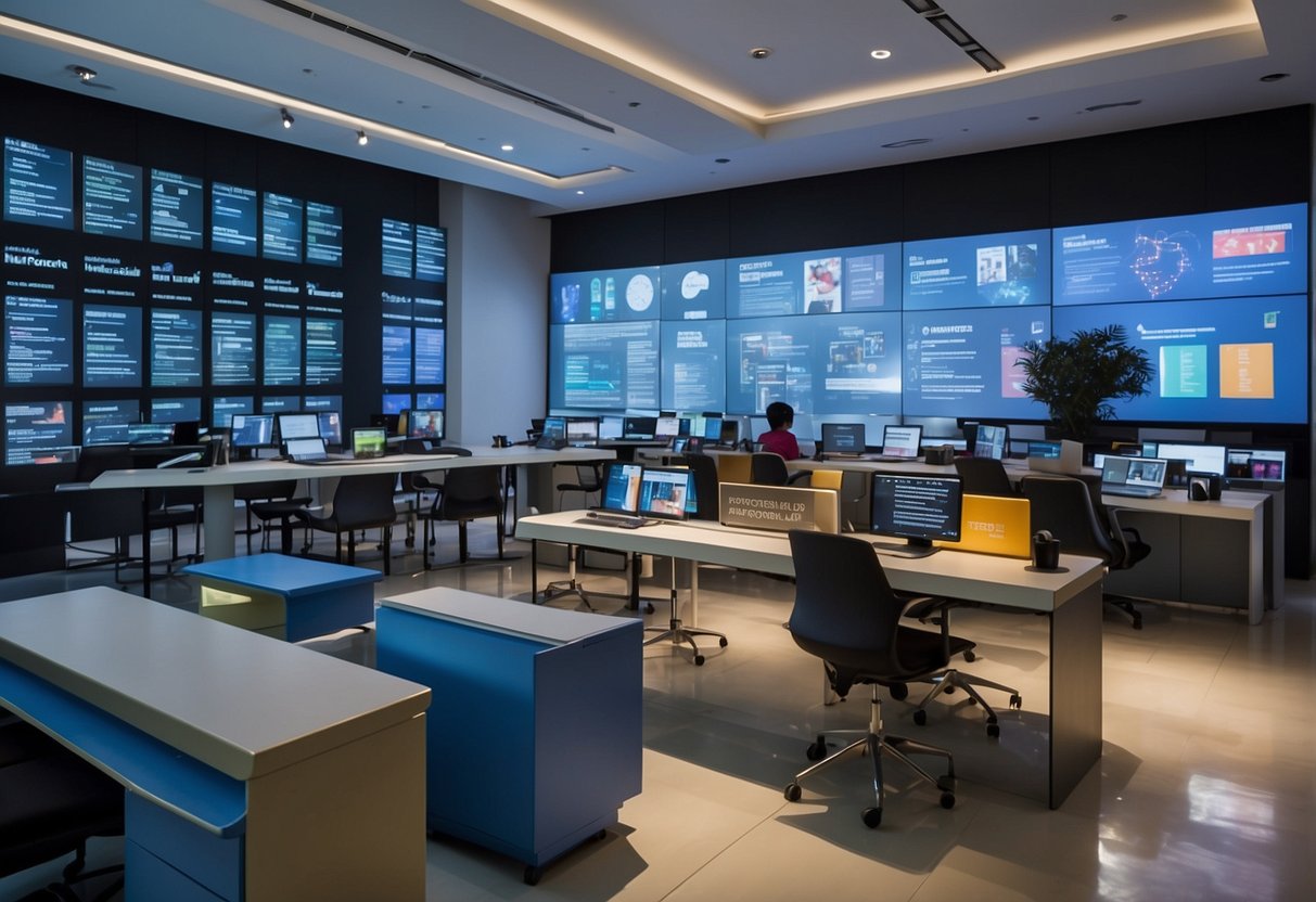 A colorful learning lab in Singapore with a display of frequently asked questions, interactive technology, and engaged visitors