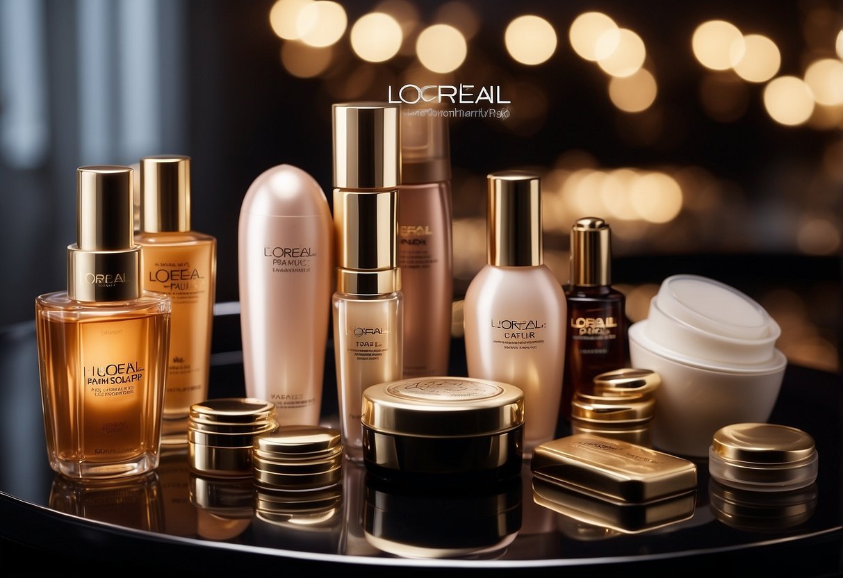 A table displays various L'Oréal Paris products, with spotlights highlighting the items, creating a glamorous and captivating scene