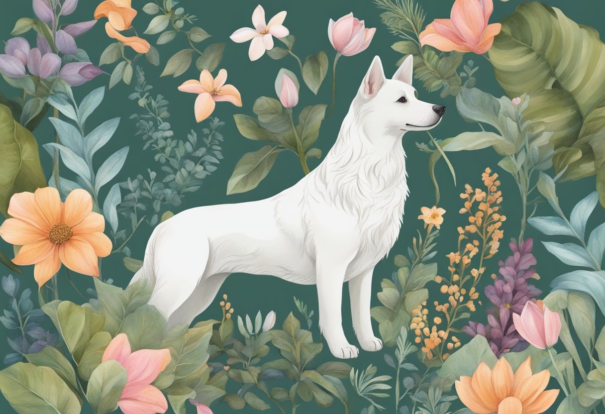 A dog surrounded by various botanical elements, such as flowers, leaves, and vines, with a sense of wanderlust and adventure in the air