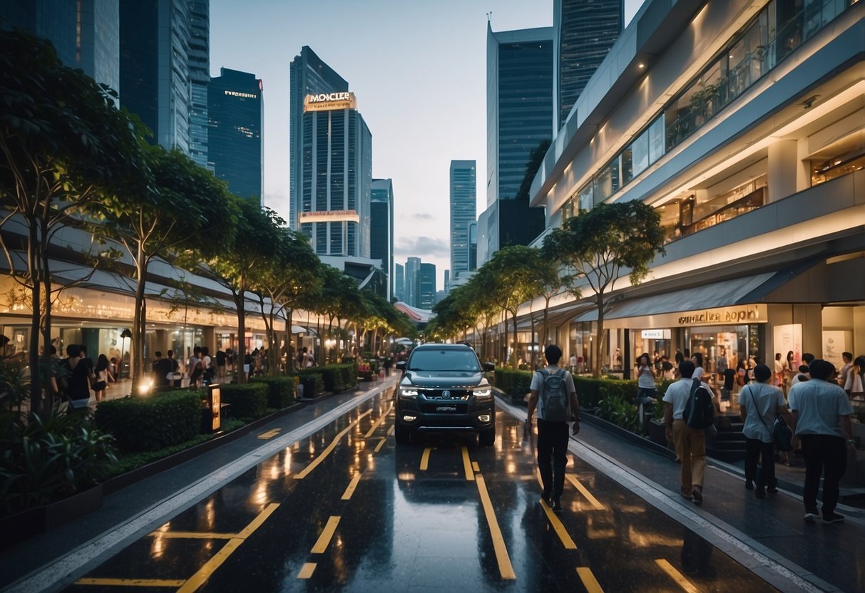 A bustling street in Singapore, with the iconic Moncler storefront standing out among the vibrant cityscape, drawing in fashionable passersby
