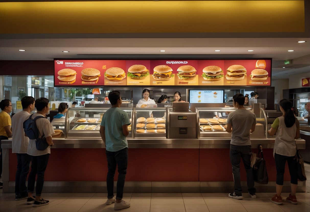 Customers ordering McGriddles at a bustling Singapore McDonald's, with a display of available options and a cashier taking orders