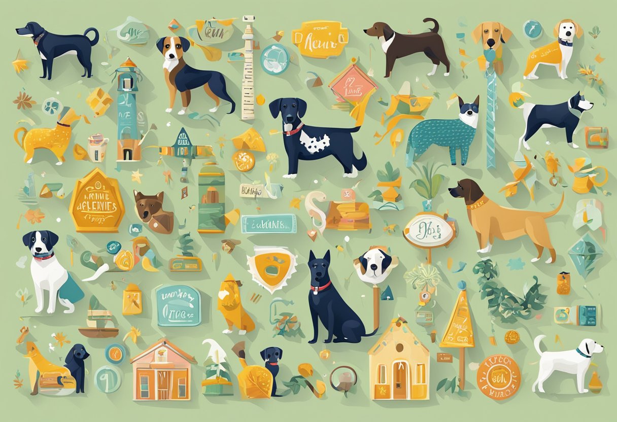 A colorful array of signs with unique and quirky dog names, surrounded by adventurous symbols and decorative elements