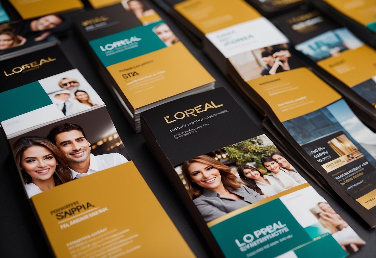 A stack of FAQ brochures with the L'Oreal Singapore logo, surrounded by a diverse group of happy customers