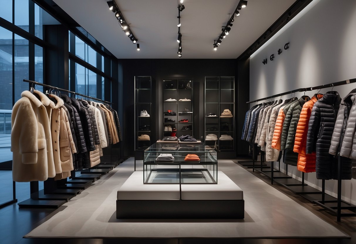 A display of Moncler's latest fashion offerings and innovations, featuring sleek and modern designs in a minimalistic showroom setting