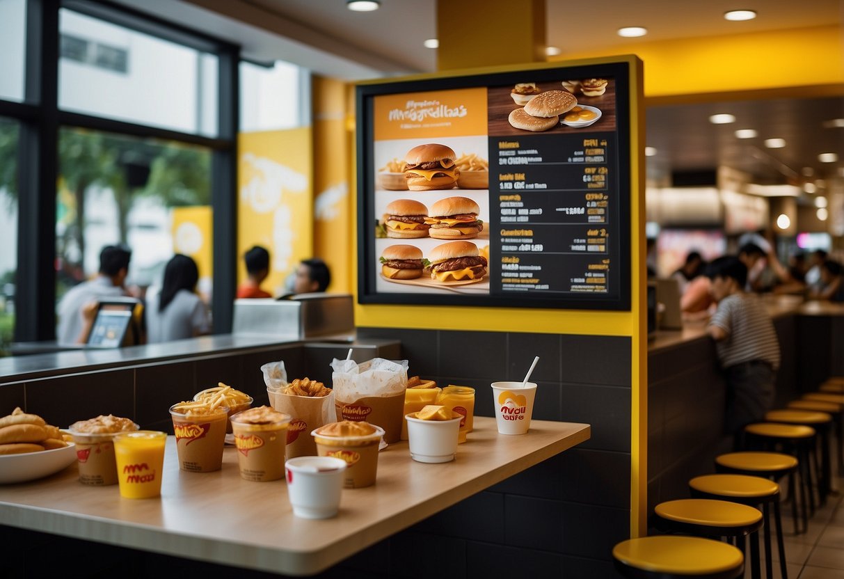 A table with various McGriddles packages, a menu board, and a queue of customers at a McDonald's in Singapore