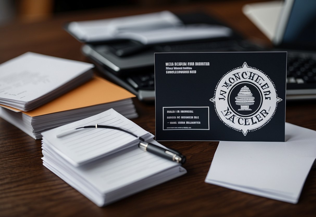 A stack of FAQ cards with the Moncler logo, surrounded by a computer, pen, and notepad