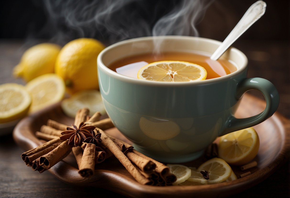 A steaming cup of chai tea sits next to other sore throat remedies, such as honey and lemon