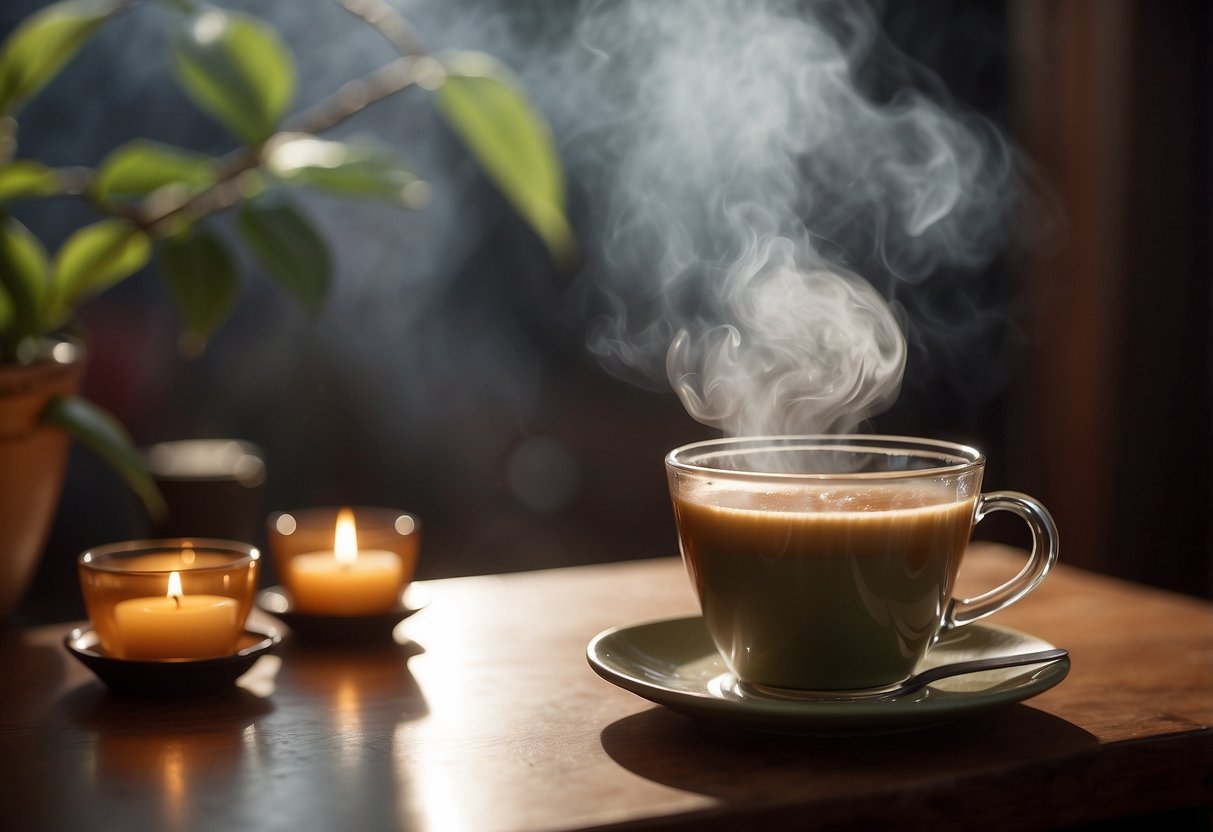 Steaming chai tea on a cozy table, with a soothing backdrop and a warm, comforting atmosphere