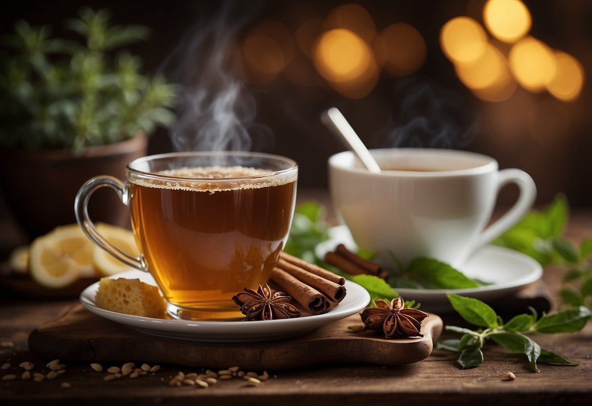 A steaming cup of chai tea with honey and ginger, surrounded by soothing herbs and spices