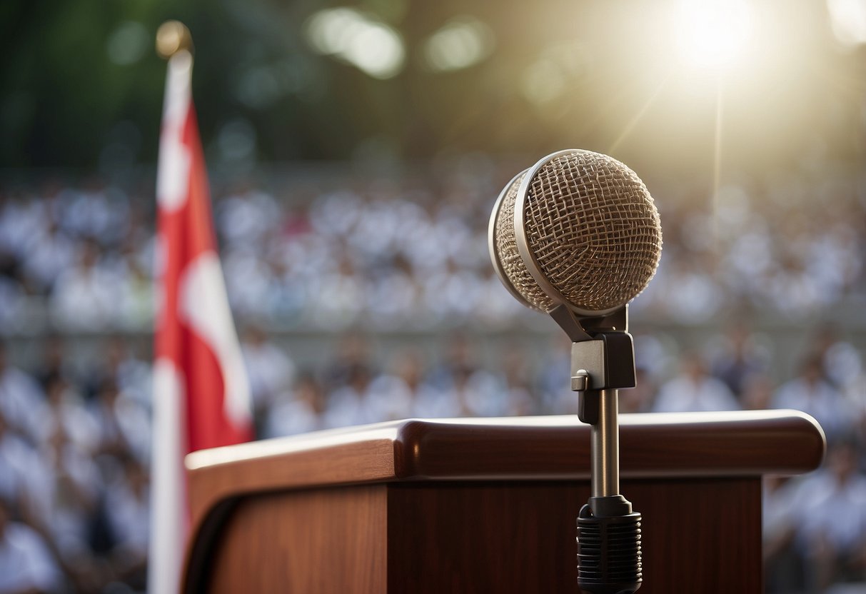 A podium with a Singapore flag, a microphone, and a list of past and present presidents