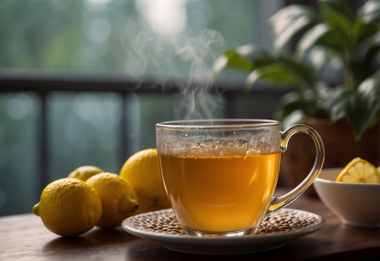 A steaming cup of chai tea sits next to a glass of water, surrounded by lemons and honey