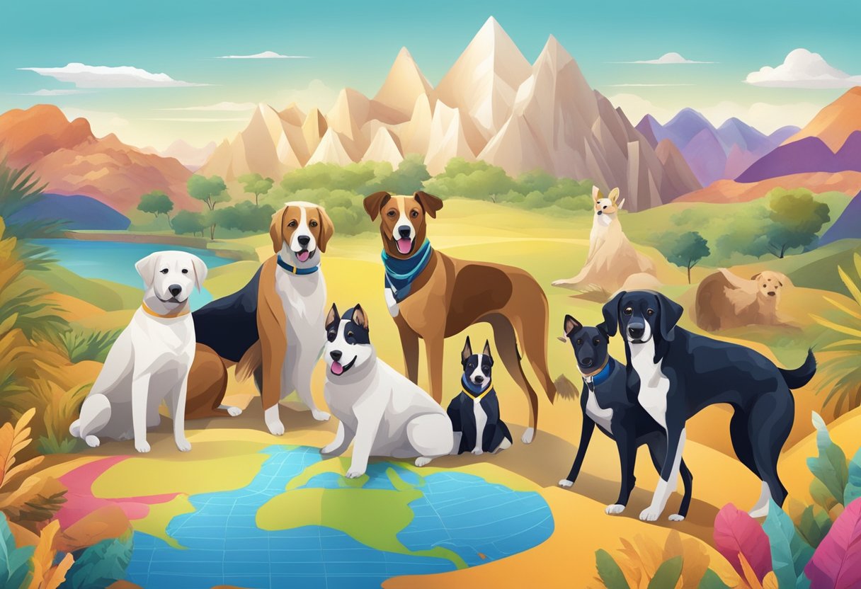 A group of dogs exploring a vibrant and diverse landscape, with iconic landmarks and natural wonders representing different travel destinations around the world