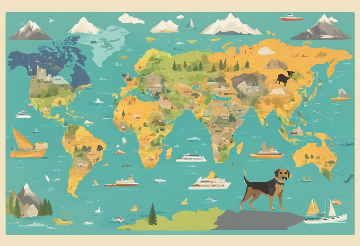 A colorful world map with various travel destinations labeled, surrounded by images of different dog breeds