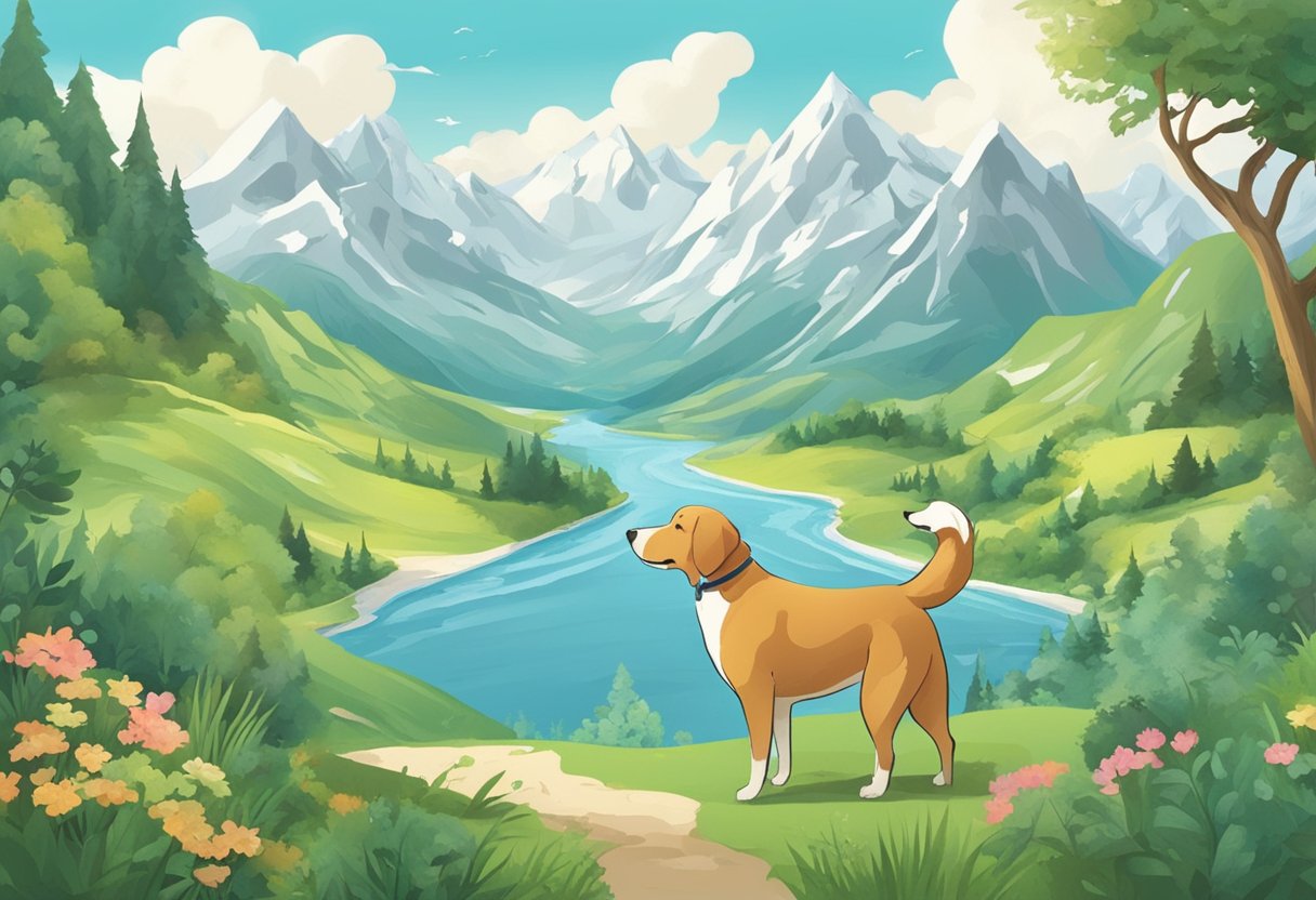 A lush, rolling landscape with mountains, rivers, and forests. A map of the world with place names. A dog happily exploring the scenery
