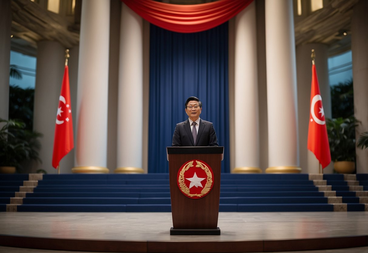 A grand podium with a Singaporean flag, a list of presidential roles and responsibilities, and a dignified setting