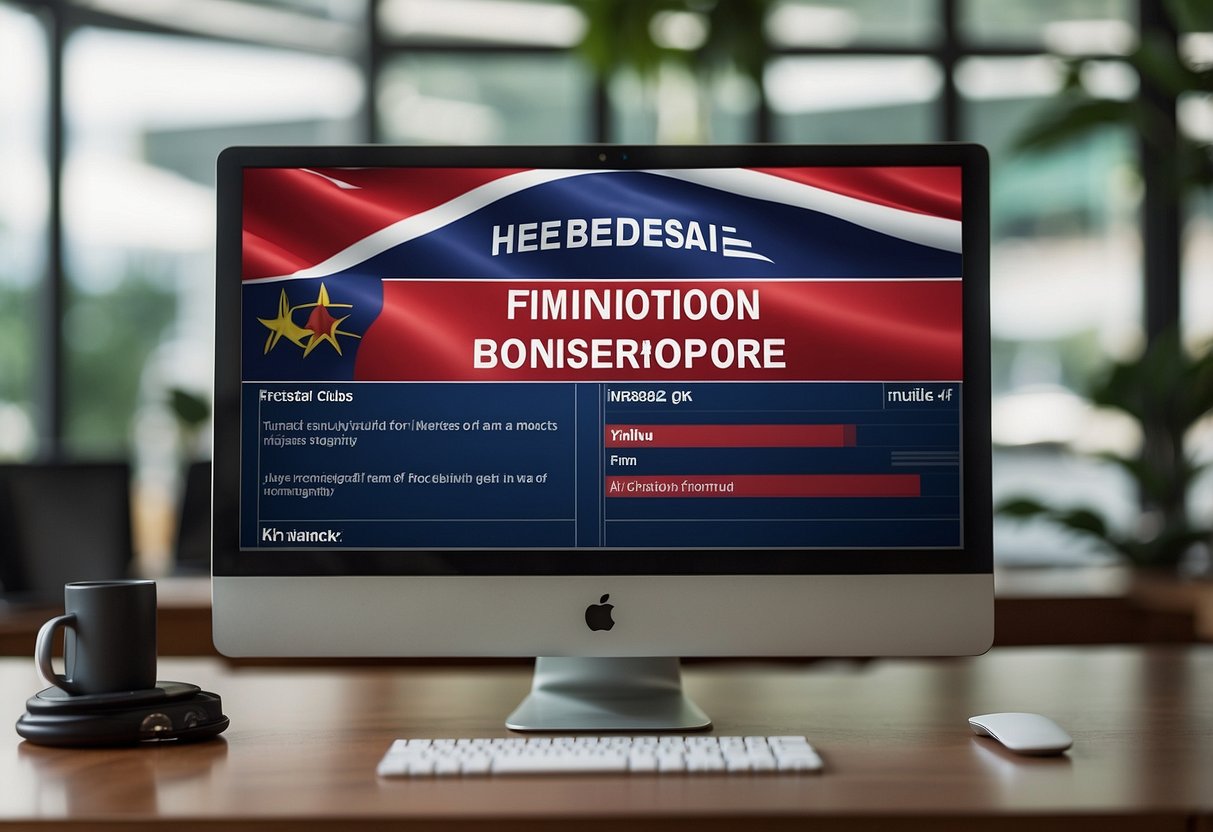 A list of frequently asked questions about the presidents of Singapore displayed on a computer screen with the Singapore flag in the background