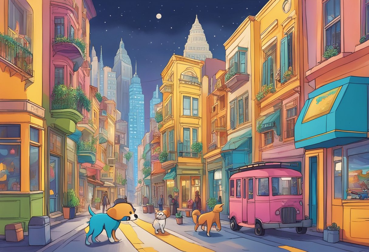 A vibrant and lively cityscape with diverse characters, showcasing unique personality traits and adventurous spirit. A dog named Luna happily explores the bustling streets, embodying the destination's free-spirited energy