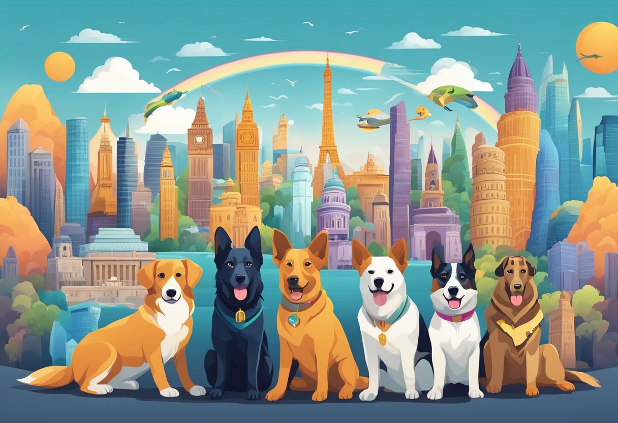 A vibrant cityscape with iconic landmarks from history and mythology, surrounded by adventurous dogs with travel-inspired names