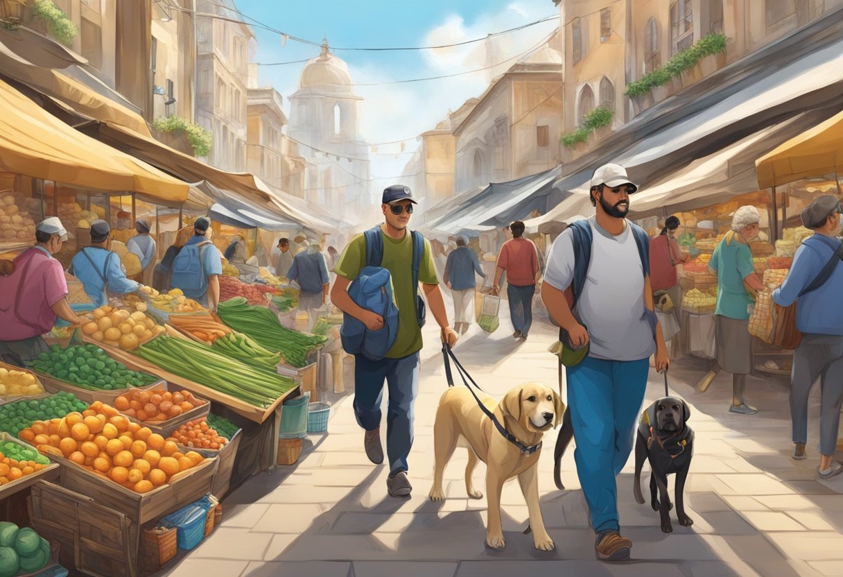 A traveler with a guide dog named Atlas explores a bustling market in a foreign city, surrounded by vendors selling goods from all over the world