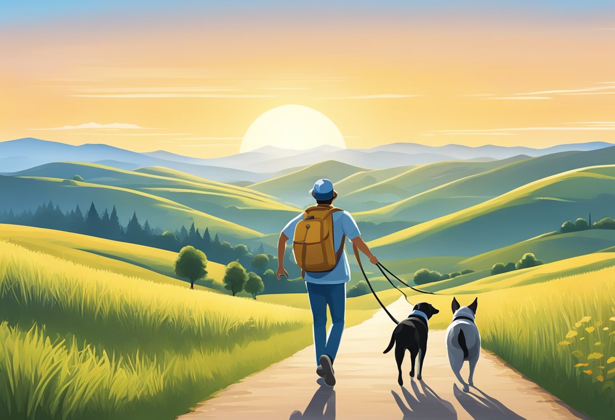 A dog eagerly leads its owner towards a scenic travel destination, with rolling hills and a clear blue sky in the background