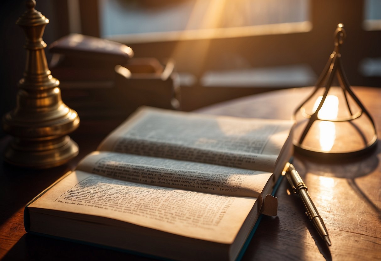 The Singapore statutes book lies open on a wooden desk, with a pen resting on top. The sunlight streams through the window, casting a warm glow on the pages
