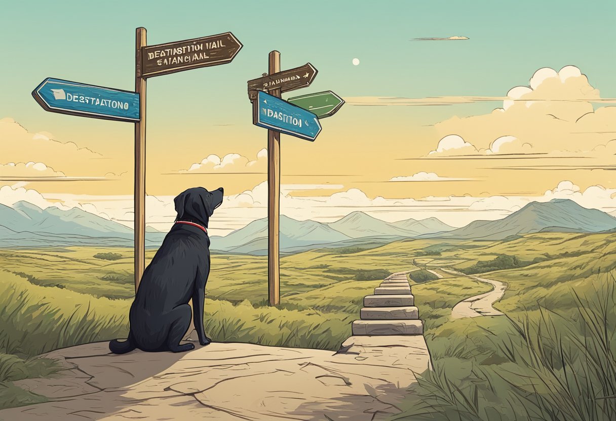 A traveler stands at a crossroads, pondering signposts with various destination names. A loyal dog sits beside them, wagging its tail
