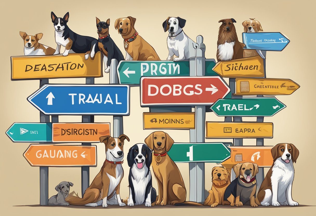 A diverse group of dogs gather around a signpost with various destination names, symbolizing cultural significance and respect for travel destinations
