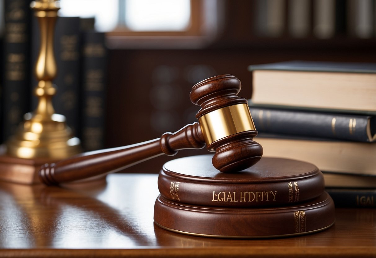 A stack of legal documents surrounded by books and a gavel on a desk