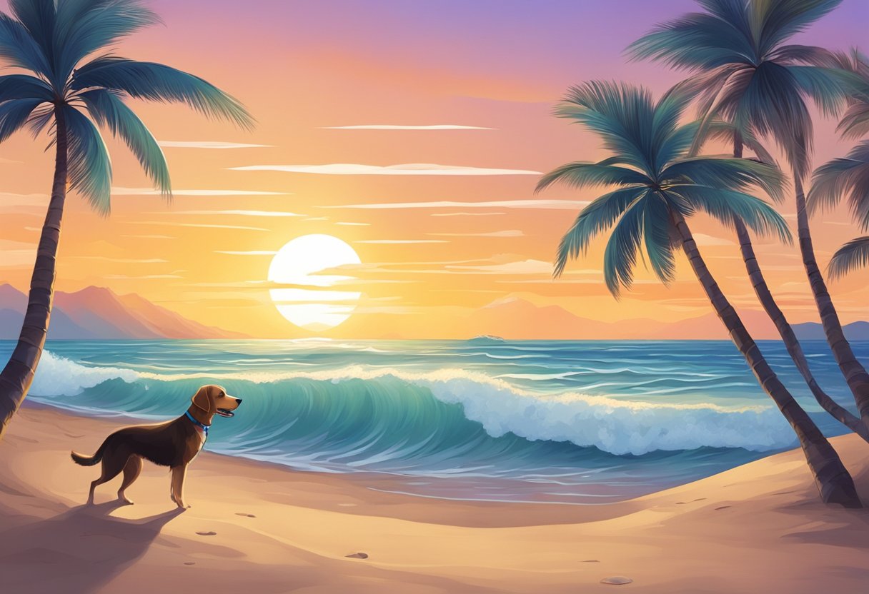 A sandy beach with a colorful sunset, palm trees, and a dog playing in the waves